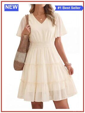 Womens A-Line Knee Length V Neck Short Sleeve Casual Summer Dress
